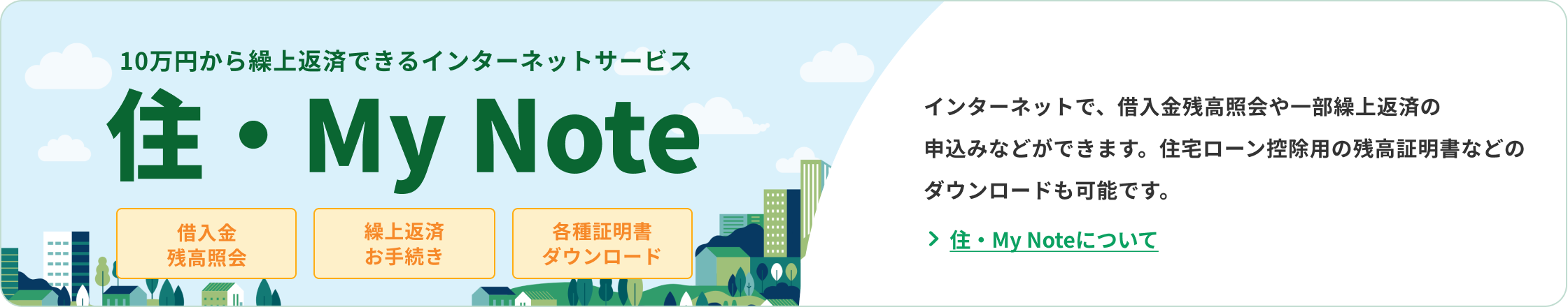 スマイノートとは、住宅ローンをご返済中のお客さまが、一部繰上返済のお申込みなどをインターネットを通じて利用することができるサービスです。