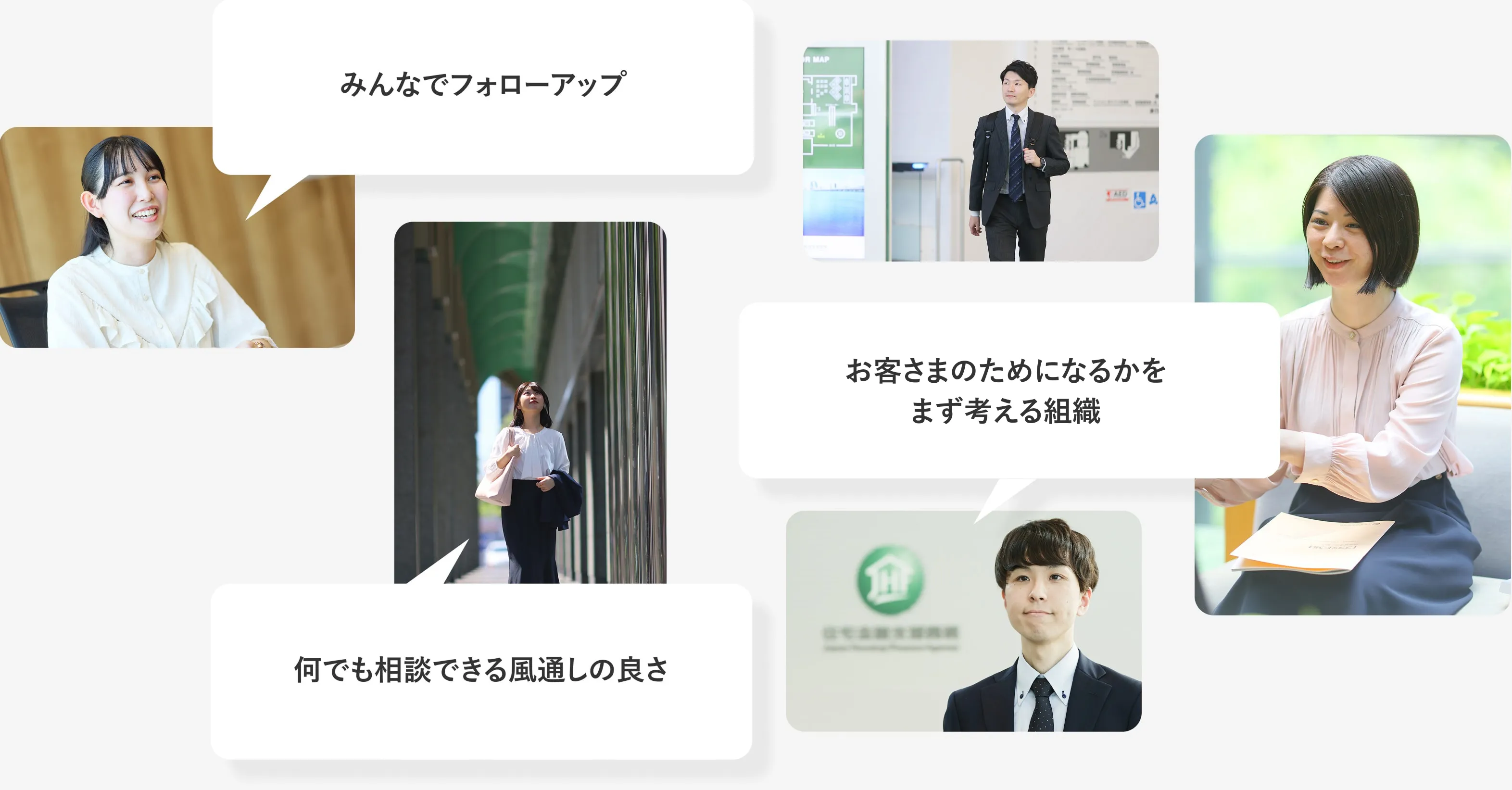 みんなでフローアップ、何でも相談できる風通しの良さ、お客様の為になるかをまず考える組織